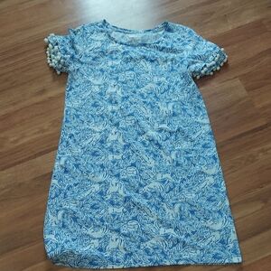 Lilly Pulitzer Blue and White Printed Pom-Sleeve Dress